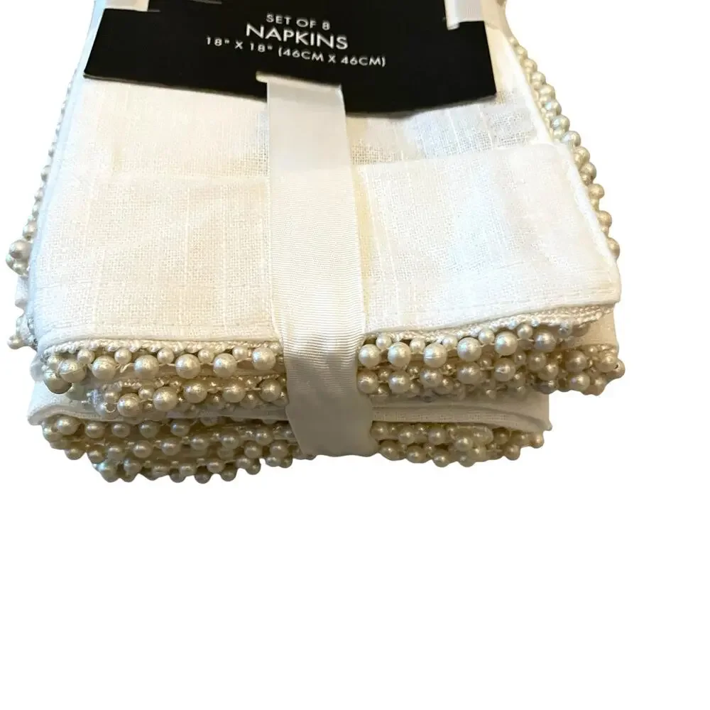 TAHARI White Cotton Dinner Napkins 18x18 Set of 8 Faux Pearl Trim Holiday Glam